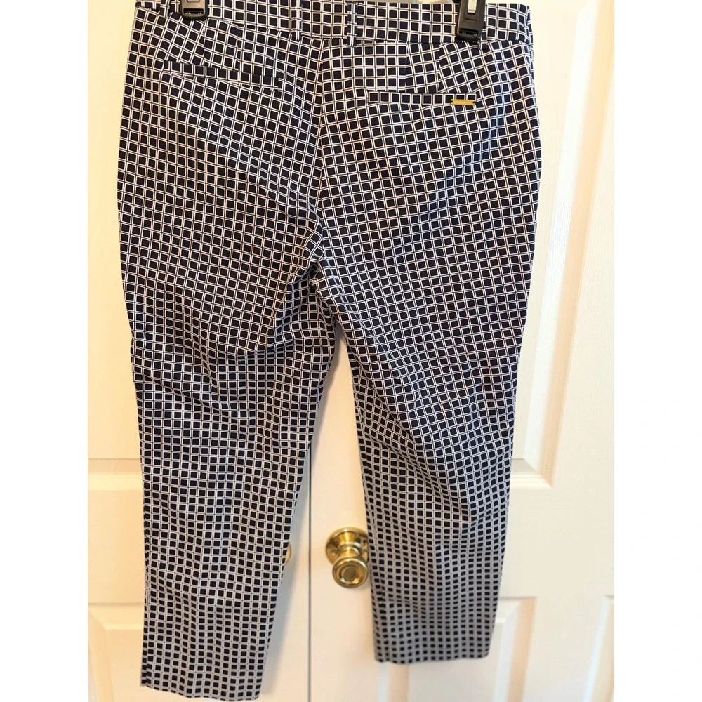 Anne Klein Navy White Geometric Grid Print Slim Leg Dress Pants Womens 10